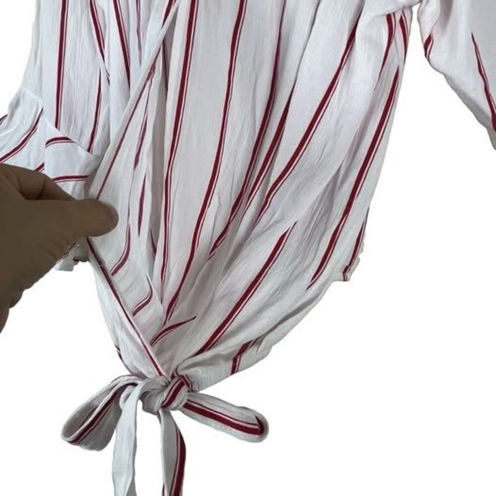 Women’s Off Shoulder Tie Front Smocked Waist Peasant Blouse Red Stripe M - Picture 4 of 10